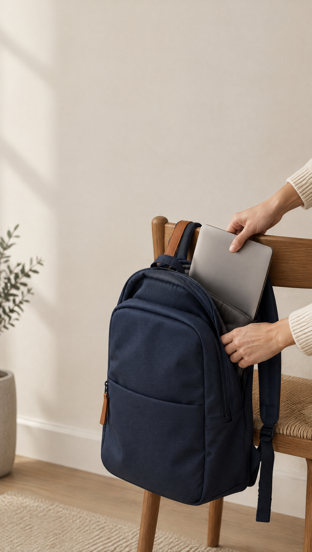 Ordinateur portable glissé dans le compartiment rembourré d'un sac à dos bleu marine