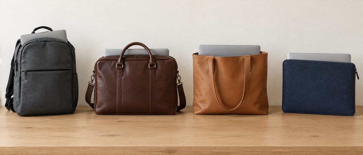 Sac à dos, sacoche en cuir, cabas et housse d'ordinateur alignés sur un bureau